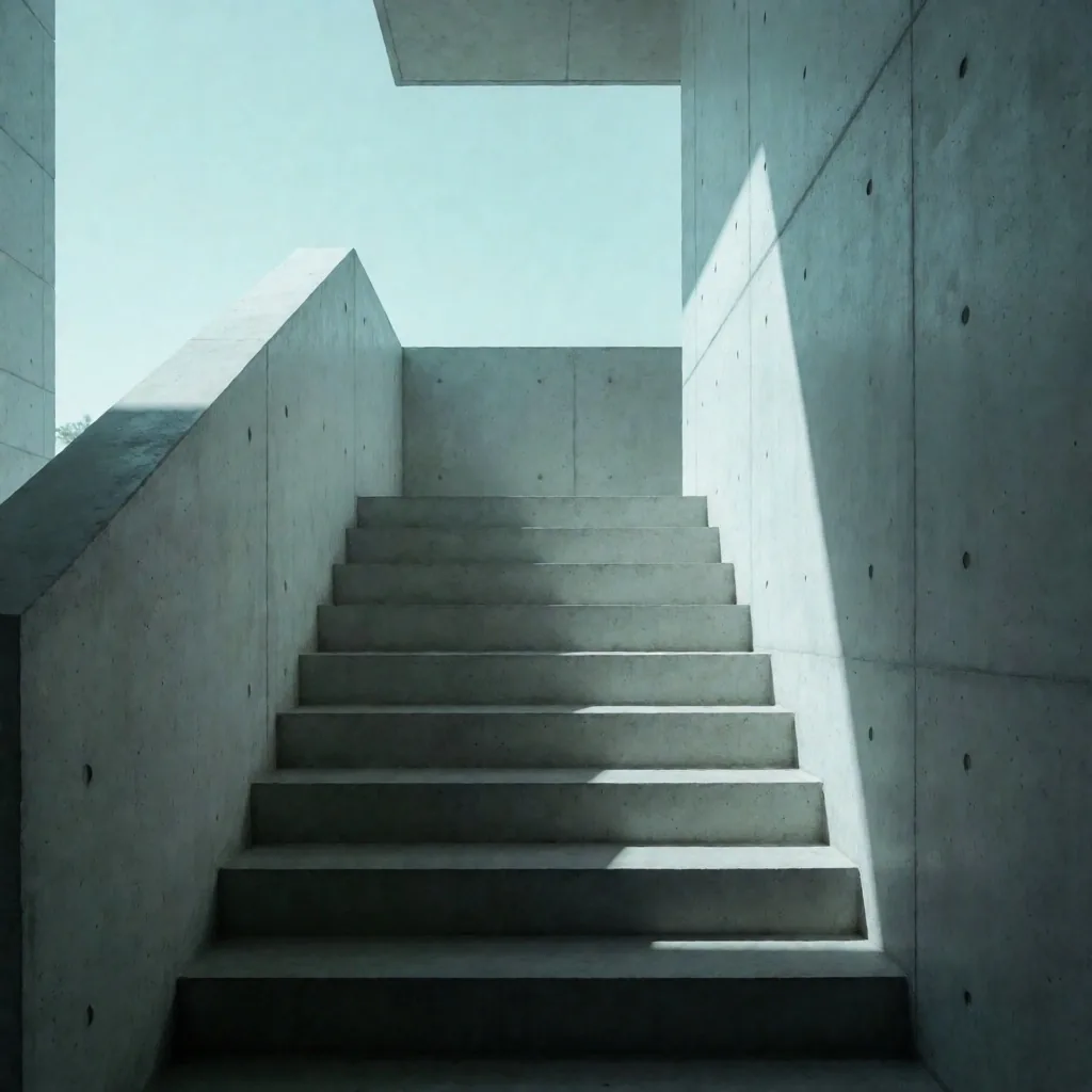 Escalera de concreto brutalista con sombras geométricas