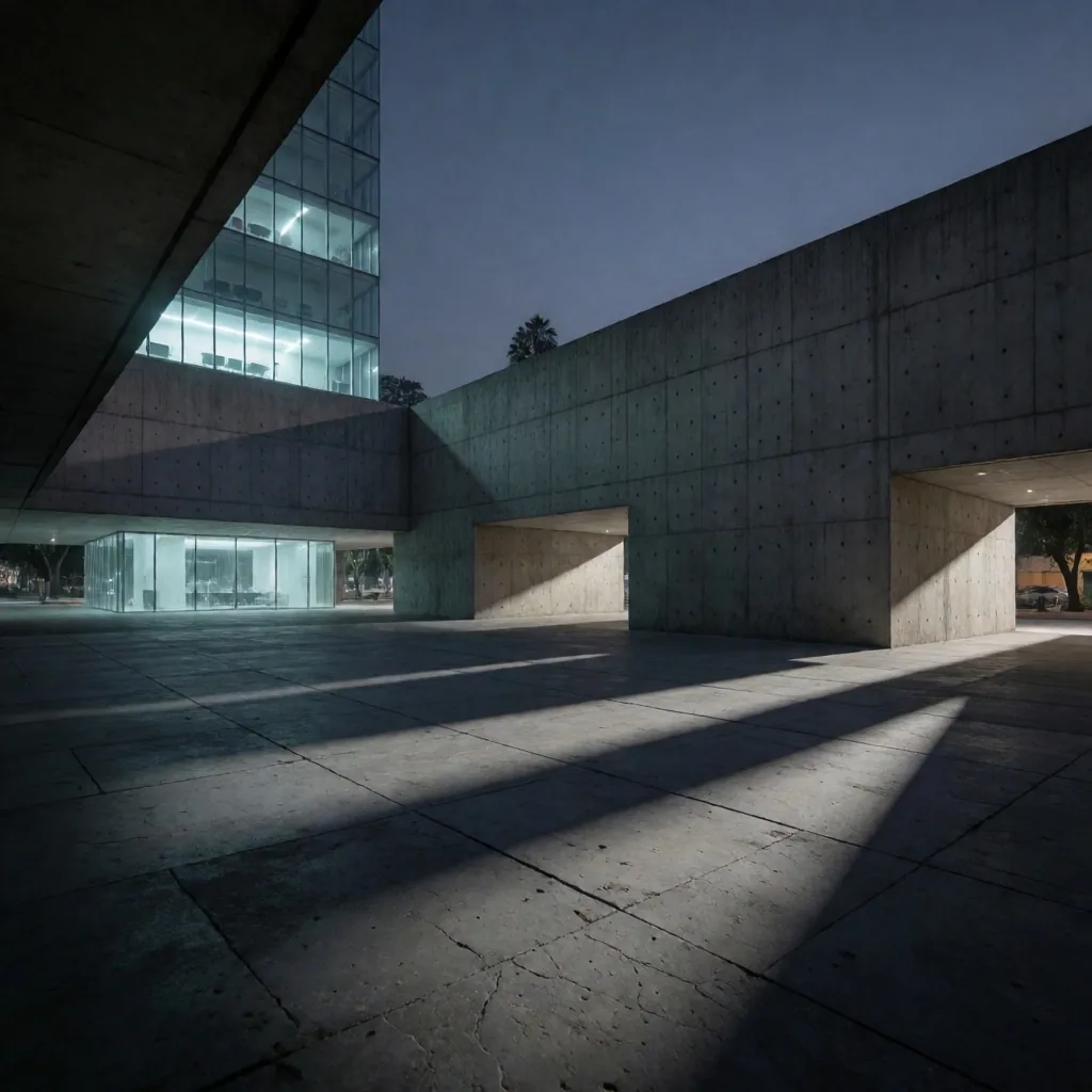 Plaza de arquitectura brutalista en Ciudad de México al atardecer